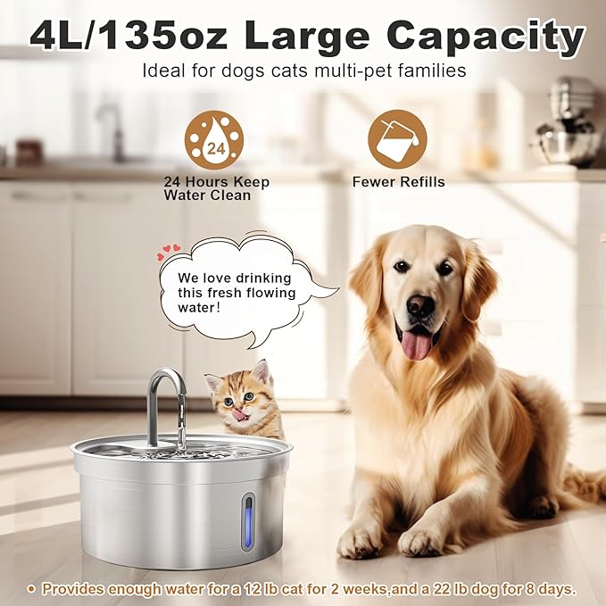 Kastty 8+8 Replacement Filters for Kastty 4L/135oz Stainless Steel Pet Water Fountain, 6.5 Inch Larger Size and More Active Carbon than Others, 8 Pack Filters + 8 Pack Pump Filters