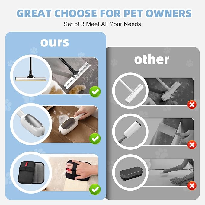 Pet Hair Removal Tool, 3 in 1 Cat Dog Hair Removar Set Including 50" Carpet Rake, Reusable Lint Roller and Static Pet Hair Removal Glove for Rugs,Carpet,Couch,Floors,Furniture,Clothes