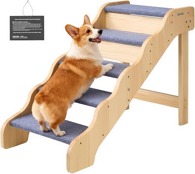 VEVOR Wood Pet Stairs, 5-Step Dog Stairs for High Beds, Sofa & Cars, 150lbs Load Capacity, Non-Slip Surface, Stable Cat & Dog Step Ladder for Small Medium Large Older Pet Puppy Essentials