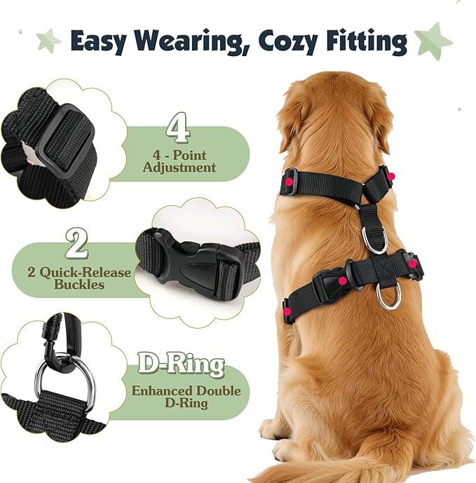Pawaboo Dog Seat Belt Harness for Car, Dog Car Harness Seatbelt with Double Clips, Adjustable Breathable Pet Vest & Dogs Safety Tether with Elastic Bungee for Small Medium Large Pet, XXL,Green + Black