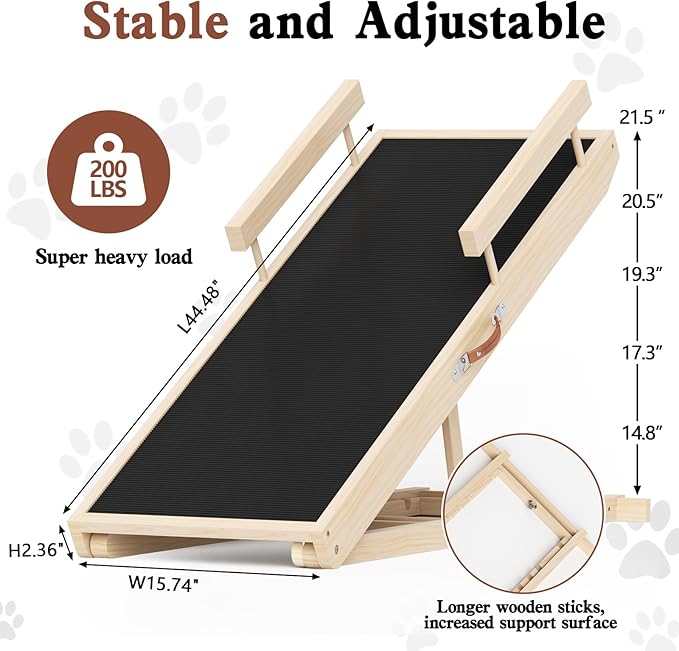 Dog Ramp for Bed, Couch, Car, Folding Pet Ramps 44.48" Long Adjustable 15"-22" Wooden Stairs with Anti-Slip Rubber Mat & Safety Side Rails for Small & Medium Old Dogs & Cats, up to 200 lbs
