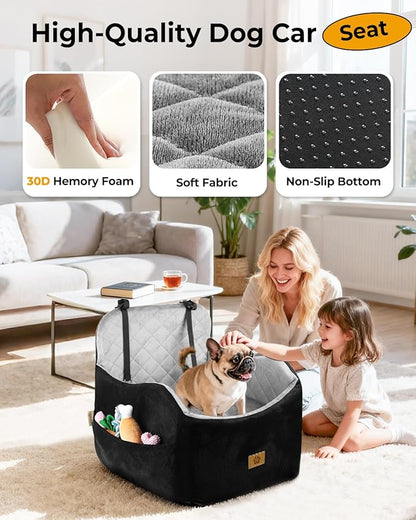 Dog Car Seat for Small/Medium Dogs, Detachable Washable Dog Booster Car Seat Under 35lbs, High-Support Memory Foam,Travel Bed with Storage Pockets