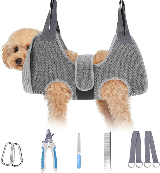BEAUTYZOO Dog Grooming Hammock for Small Dogs Cat- Dog Sling for Nail Trimming/Clipping- Dog Hanging Holder with Thick Fabric Neck Support & Strap Restraint Claw Care,Gray Pineapple,S