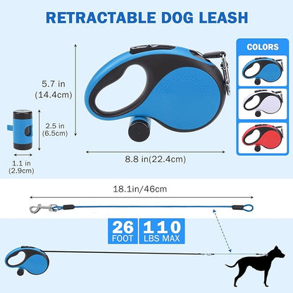 SCENEREAL Retractable Dog Leash for Small Medium Large Dogs up to 110lbs, 26ft 360° Tangle-Free Nylon Tape with Anti-Chewing Wire Rope&Waste Bag Dispenser, Heavy Duty Long Durable One-Handed Brake