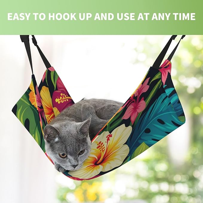 Hawaiian Colorful Flower Print Cat Hammock with Adjustable Straps, Pet Cage Hanging Bed for Cats,Ferret,Puppy,Small Animals