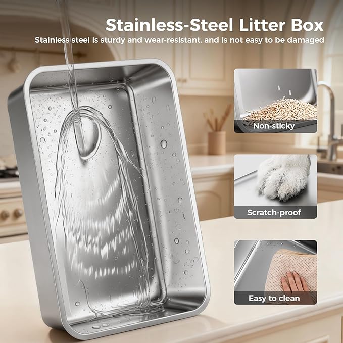 GTPLAYER Stainless Steel Cat Litter Box XL - Extra Large High-Sided Open-Top Metal Litter Box for Large & Multi-Cat Homes, Splash Guard, Low Entry, Easy Clean 304 Steel with Step, Mat & Scoop, White