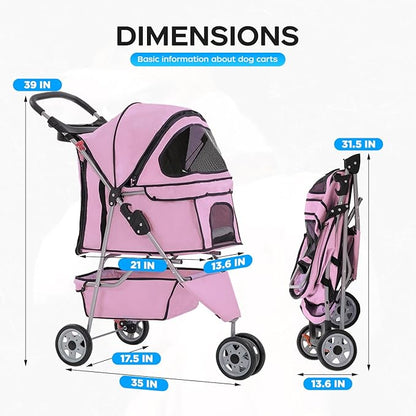 BestOffice Pet Stroller for Small Medium Dogs & Cats, 3-Wheel Foldable Dog Stroller with Cup Holder, Lightweight Travel Carrier, Waterproof Design for Outdoor Walks, Pink