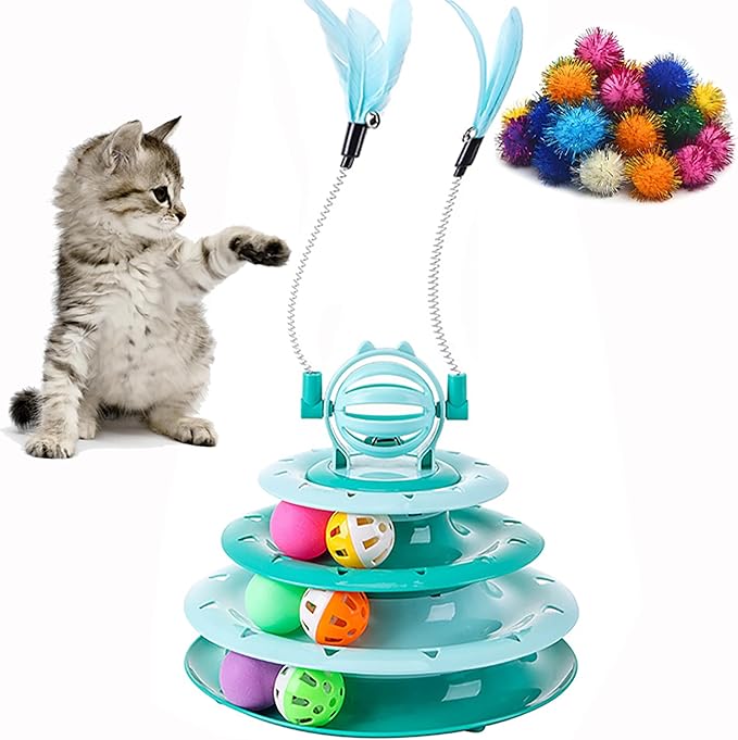 Vealind Cat Toy Roller 4-Level Turntable Cat Toys Balls with 14 Pcs Colorful Pom Pom Balls Interactive Fun Mental Physical Exercise Puzzle Kitten Toys (Green)