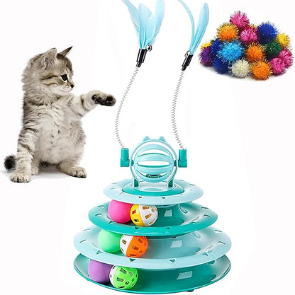 Vealind Cat Toy Roller 4-Level Turntable Cat Toys Balls with 14 Pcs Colorful Pom Pom Balls Interactive Fun Mental Physical Exercise Puzzle Kitten Toys (Green)
