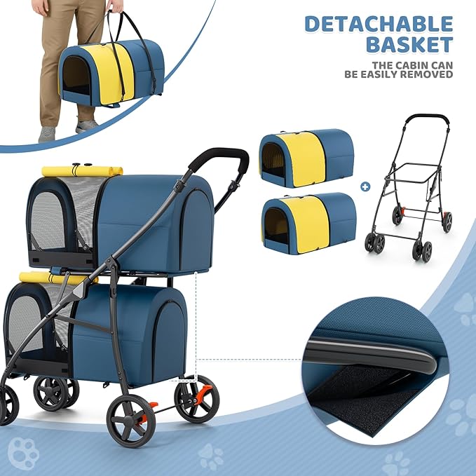 Magshion Double Dog Stroller with 2 Detachable Carrier Bags, 4-Wheel Folding Pet Travel Strolling Cart with Storage Pocket for Small-Medium Dogs & Cats Puppy, Navy Blue/Yellow