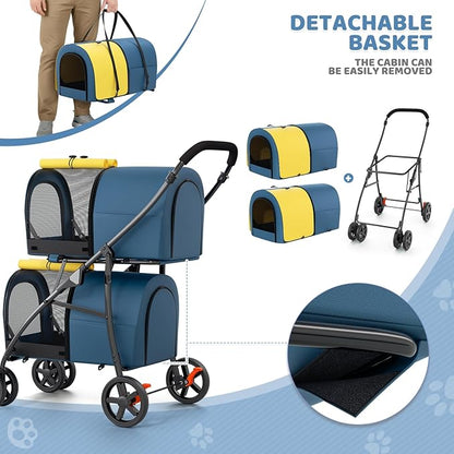 Magshion Double Dog Stroller with 2 Detachable Carrier Bags, 4-Wheel Folding Pet Travel Strolling Cart with Storage Pocket for Small-Medium Dogs & Cats Puppy, Navy Blue/Yellow