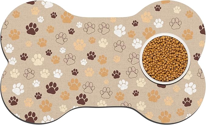 Pet Dog Cat Food Mat, Absorbent Bone Shaped Dog Bowl Mats for Food and Water, Non Slip Cute Dogs Cat Placemats Feeding Mat with Rubber for Floors Indoor Puppy Pet Accessories Supplies 17"x30" Khaki
