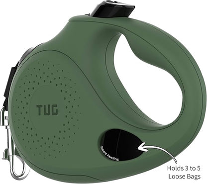 TUG Oval 360° Tangle-Free Retractable Dog Leash | Flashlight Included | Integrated Waste Bag Dispenser Pocket (Medium, Green)