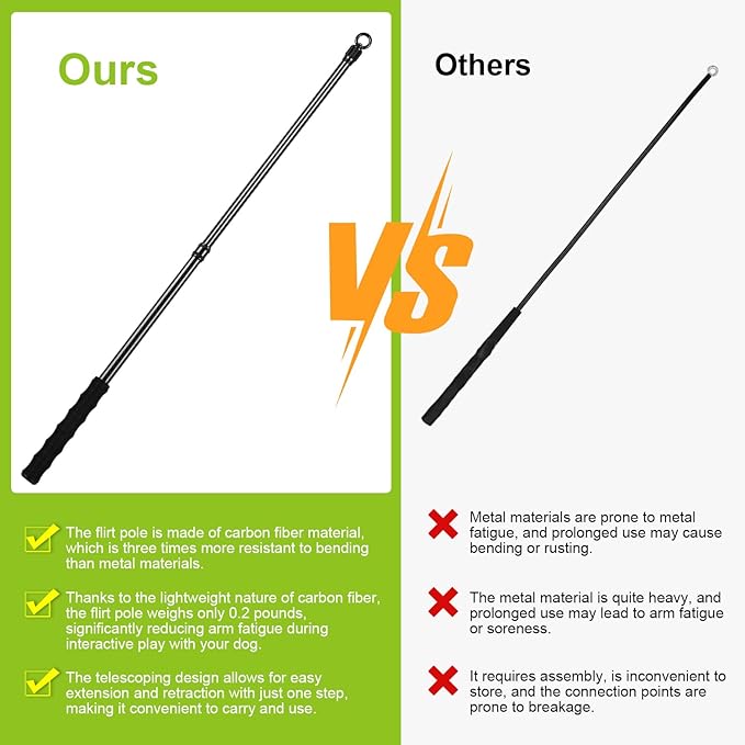Carbon Fiber Flirt Pole for Dogs, 0.2 Pounds Lightweight Dog Flirt Pole for Large Medium Small Dogs, Telescopic Flirt Stick with 2 Toys & 2 Ropes (28 Inches Pole)