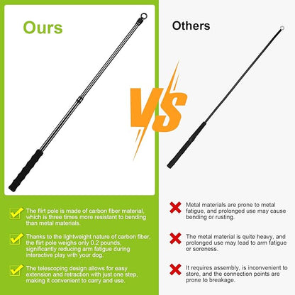 Carbon Fiber Flirt Pole for Dogs, 0.2 Pounds Lightweight Dog Flirt Pole for Large Medium Small Dogs, Telescopic Flirt Stick with 2 Toys & 2 Ropes (28 Inches Pole)
