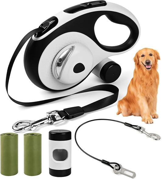 Heavy Duty Retractable Dog Leash for Large Dogs, 26ft Dog Leash with Poop Bag Holder, Up to 110lbs, chew Proof Cable, LED Light, 360° No-Tangle, One-Handed Pause & Locked. (White, M 16ft)