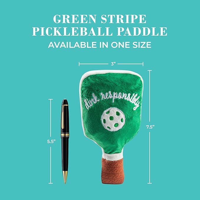 Haute Diggity Dog Green Stripe Pickleball Paddle, Plush Trendy Sporty Dog Toys with Interactive Squeaker, Stimulating Pet Enrichment, Machine-Washable & Safe Materials for All Breeds, One Size