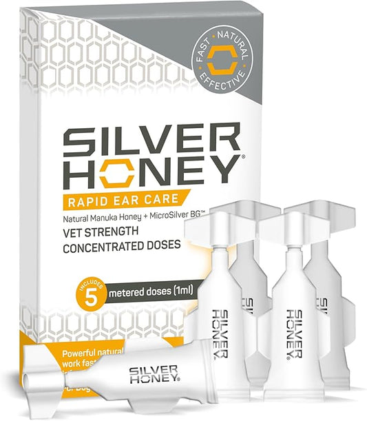 Absorbine Silver Honey Rapid Ear Care Vet Strength Concentrated Doses, 5 Ear Drops for 10 Days on 1 Ear for Dogs & Cats, Medical Grade Manuka Honey & MicroSilver BG
