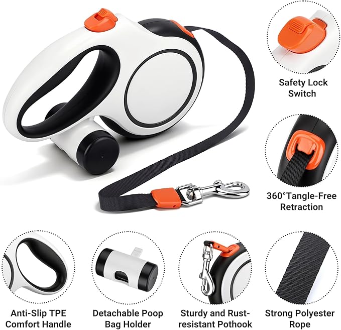 Segarty 16 Ft 360°Tangle-Free Leash with Detachable Waste Bag Holder, Retractable Dog Lead for Pet up to 66 Lbs, 5m White Walking Leash with Anti-Slip Handle & One-Handed Brake Pause Lock for Outdoors