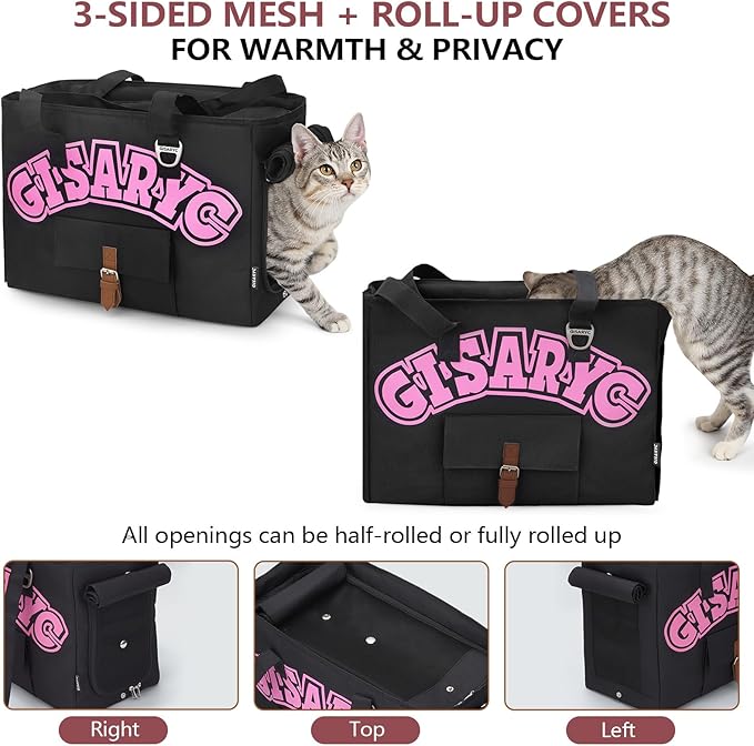 Dog Purse Carrier for Small Dogs, Cats and Puppies – Soft-Sided Foldable Pet Travel Bag with Multi Pockets, 3-Sided Mesh & Rollable Cover for Nervous Cats, Fits Pets up to 15 lbs (Black & Pink)