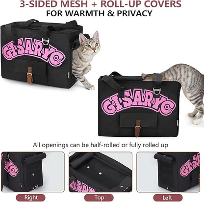 Dog Purse Carrier for Small Dogs, Cats and Puppies – Soft-Sided Foldable Pet Travel Bag with Multi Pockets, 3-Sided Mesh & Rollable Cover for Nervous Cats, Fits Pets up to 15 lbs (Black & Pink)