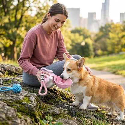 Ball-Shaped Dog Water Bottle, Stainless Steel Portable Pet Waterer with Food-Grade Foldable Silicone Bowl, Leak-Proof & Lightweight Puppy Drinking Flask for Walking, Hiking (A)
