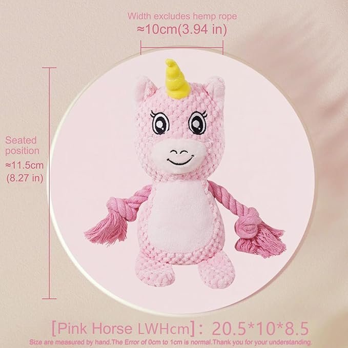 Cute Animals Interactive Squeaky Dog Toy with a Vocal Bladder, Crinkle Paper Stuffed Soft Cotton Chew Toy, Teething Rope Tug of War Pull Toy to Keep Them Busy for Puppy, Small Dogs - Pink Horse