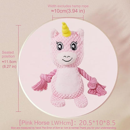 Cute Animals Interactive Squeaky Dog Toy with a Vocal Bladder, Crinkle Paper Stuffed Soft Cotton Chew Toy, Teething Rope Tug of War Pull Toy to Keep Them Busy for Puppy, Small Dogs - Pink Horse