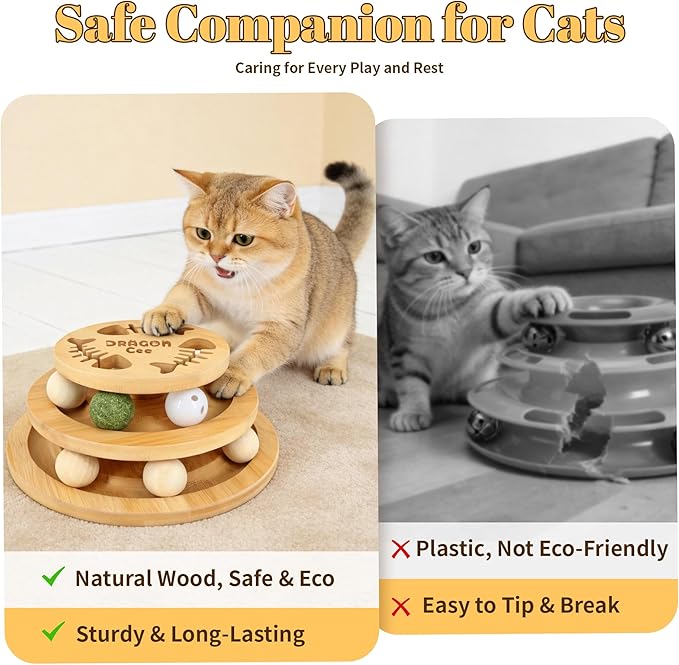 Cat Ball Track Toy with Puzzle Top, Interactive Cat Toys for Indoor Cats with Spinning Balls, Wooden Cat Ball Tower Toy for Kitten Kitty Exercise Mental Physical