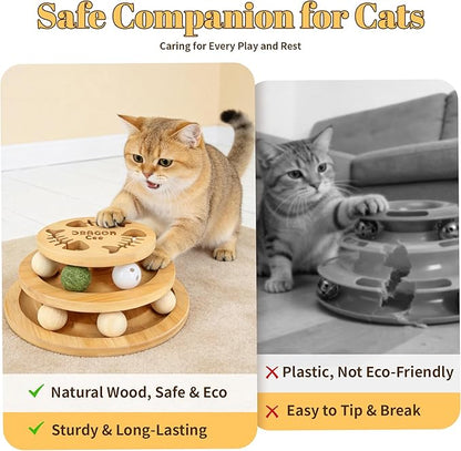 Cat Ball Track Toy with Puzzle Top, Interactive Cat Toys for Indoor Cats with Spinning Balls, Wooden Cat Ball Tower Toy for Kitten Kitty Exercise Mental Physical