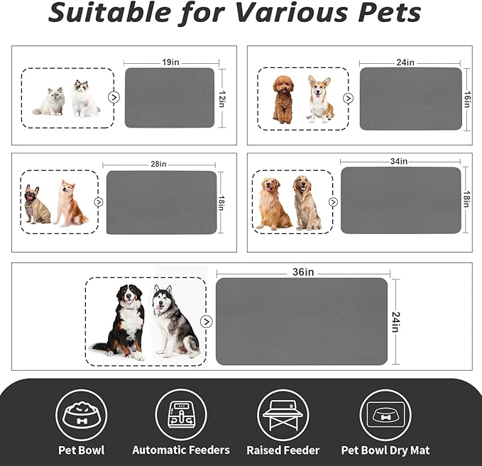 Dog Food Mat - Absorbent Cat Mat for Food and Water, No Stains Pet Feeding Bowl Mat, Easy to Clean Pet Placemats, Quick Dry Dog Water Dispenser Mat for Messy Drinkers | Dark Grey 18"x 28"