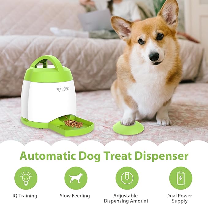 PETGEEK Dog Food Dispenser Toy, Interactive Pet Toys Treat Dispensing for IQ Training, Automatic Dog Treat Dispenser with Button Remote Push, Dual Power Supply for Indoor Outdoor Use, Green Color