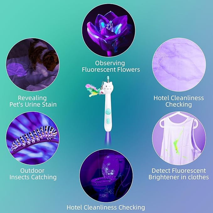 SEVENKA 3in1 Cat Toy, Rechargeable UV Flashlight and Retractable Rod with Feather Toy, USB-C White Light & 395nm Blacklight for Pet Urine Stains, Bed Bugs, Interactive Toy for Cat, Kitten