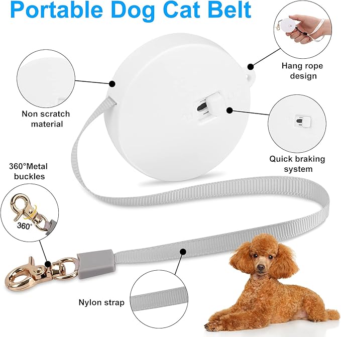 Retractable Dog Leash for Small Dogs Cats up to 11lbs with 6.5ft Anti-Pull Strong Nylon Tape, Hands Free, Mini and Portable Walking Leash with Wrist Strap, One-Hand Brake, White Round
