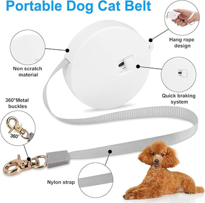 Retractable Dog Leash for Small Dogs Cats up to 11lbs with 6.5ft Anti-Pull Strong Nylon Tape, Hands Free, Mini and Portable Walking Leash with Wrist Strap, One-Hand Brake, White Round