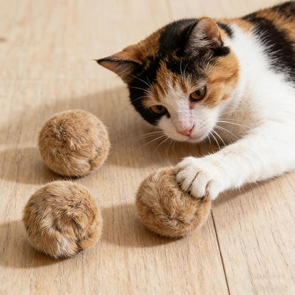 3PCS Fur Ball Cat Toy, Catnip Infused & Washable - Soft Fluffy Interactive Toy for Bunny Kicks, Chase Games, and Indoor Cat Exercise