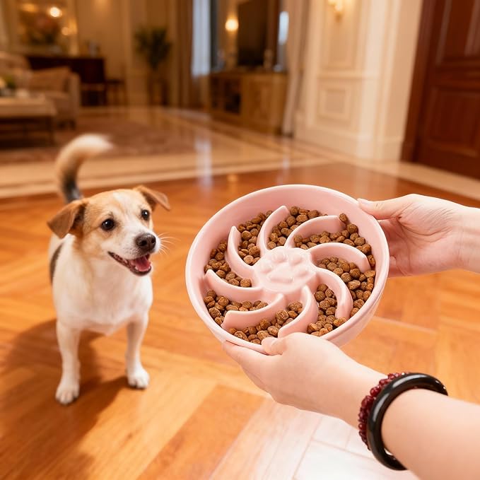 Ceramic Slow Feeder Dog Bowl, 1.5 Cup Dog Food or 20oz Water, Slow Eating Bowl for Small Breed, Maze Puzzle Feeder for Fast Eaters, Anti-Choking Stop Bloat, Non-Slip BPA Free (Pink)