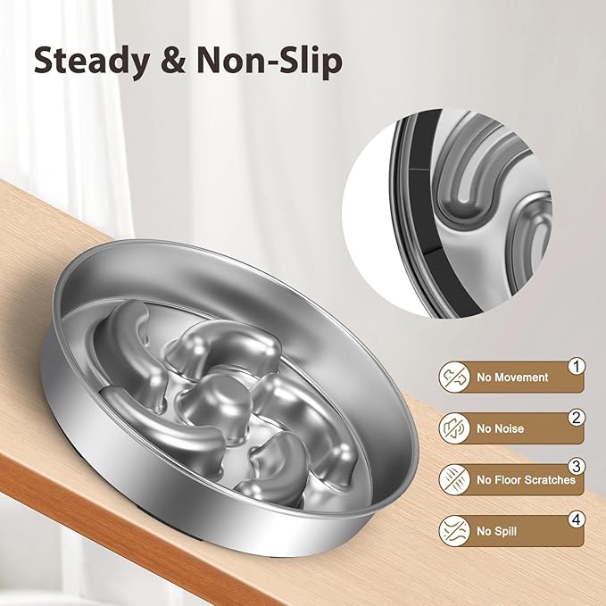 Slow Feeder Dog Bowl, 8.7 inch Stainless Steel Heavy Duty with Non-Slip Base Puzzle Maze Dog Food Bowls for Medium, Large Breed Size Dogs to Slow Down Eating