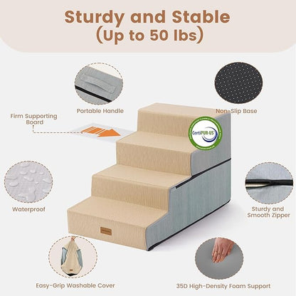 Gardner Pet Dog Stairs for Small Dogs 18.5" H, 4-Step Extra Wide Dog Steps for Bed, Pet Stairs for Bed and Couch with Durable Non-Slip Waterproof Fabric Cover and Soft Foam, Beige