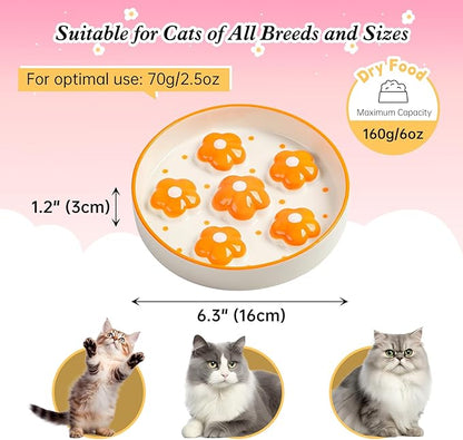 Ceramic Cat Slow Feeder Bowl - 6 OZ Puzzle Food Dish for Healthy Eating - Shallow Wide Whisker Friendly - Dishwasher Safe - 6.3''W x 1.2''H - 6 OZ - Bright Orange Flower