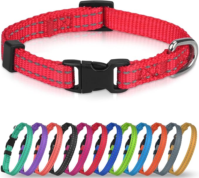 Joytale Puppy Collar, Feather-Light Double-Sided Reflective Nylon Collar for Night Safety, Adjustable Quick-Release for Extra Small Dogs, Red, XS (3/8" Width)