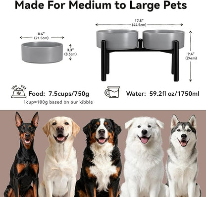 Dog Bowls Elevated - Ceramic Raised Dog Bowl with Non Slip Steel Stainless Stand - No Spill and Heated Feeding Station - Food and Water Dish Set for Medium to Large Pet - Each Holds 7.5 Cups – Grey