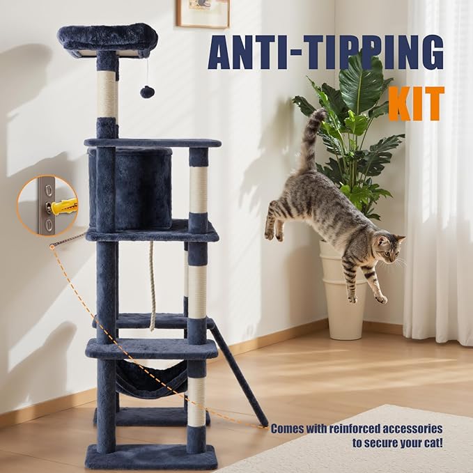 DUMOS Large 63in Cat Tree Tower, Multi Level Cat Climbing Tower with Condo, Natural Sisal Scratching Posts, Extended Platform, Hammock, Pet House for Indoor Cats and Kittens Play, Dark Grey