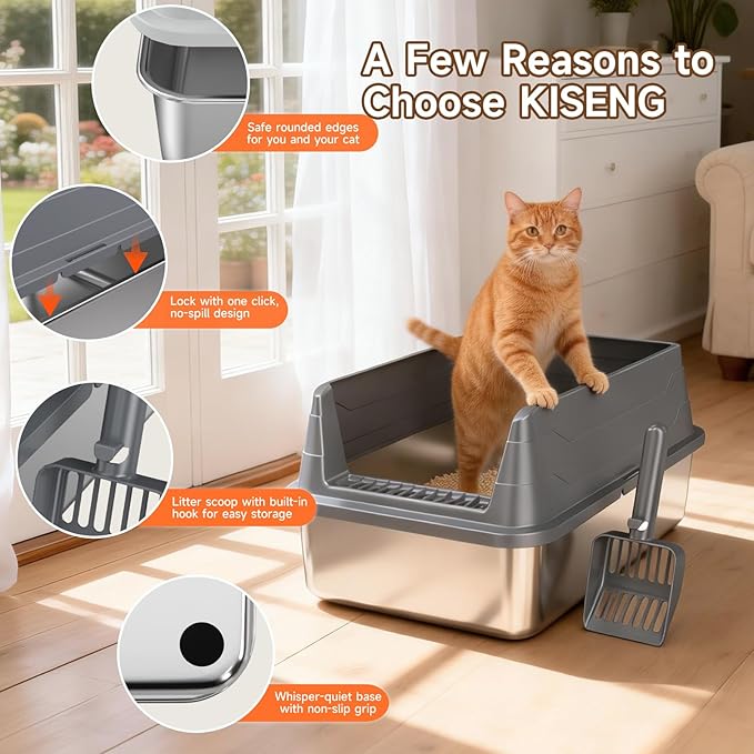 Stainless Steel Cat Litter Box, Odor Free Metal Litter Box with High Sides Lid, Open Top Low Entry Litter Pan Include Scoop Easy Cleaning Anti-Scratch Kitty Cat Box Anti-Urine Leakage, Non-Sticky