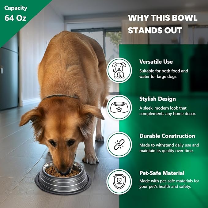 Iconic Pet Color Splash Stripe Non-Skid Stainless Steel Dog & Cat Bowl - Black, 64 Oz, 8 Cup, Durable, Easy to Clean, Anti-Slip Feeding Dish for Food & Water, Stylish Design for Dogs and Cats