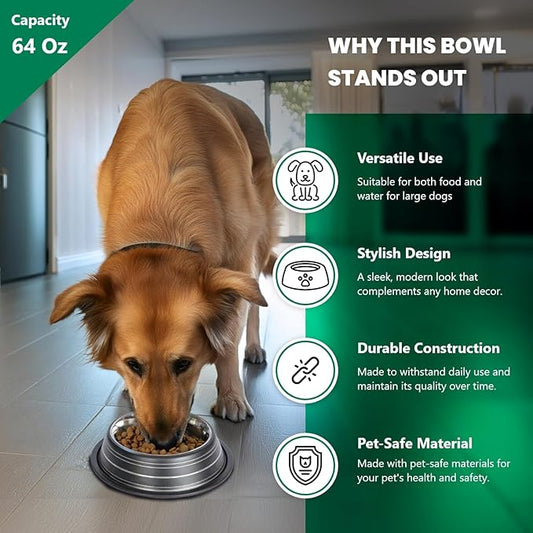 Iconic Pet Color Splash Stripe Non-Skid Stainless Steel Dog & Cat Bowl - Black, 64 Oz, 8 Cup, Durable, Easy to Clean, Anti-Slip Feeding Dish for Food & Water, Stylish Design for Dogs and Cats