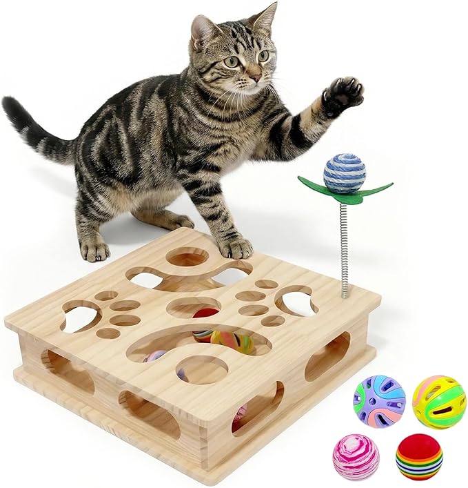 Pine Wooden Cat Puzzle Box, Interactive Maze & Scratch Enrichment Toy, Puzzle Toys for Indoor Cats with Sisal Wand, Silent & Bell Balls (Large)