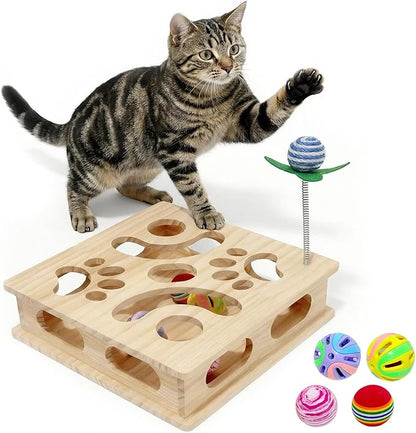 Pine Wooden Cat Puzzle Box, Interactive Maze & Scratch Enrichment Toy, Puzzle Toys for Indoor Cats with Sisal Wand, Silent & Bell Balls (Large)
