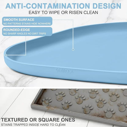 Silicone Pet Food Mat with Raised Edge for Food and Water Bowl, Dog Feeding Mats, Cat Food Trays for Floor Waterproof, Rubber Tray for Dogs and Cats, 24 x 16 x 0.8 Light Blue