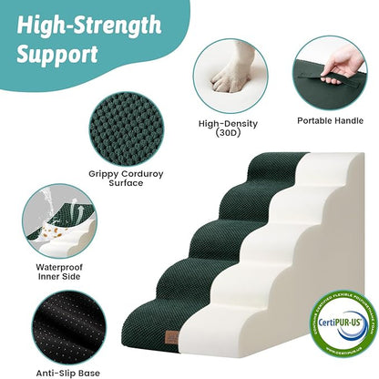 Wide Dog Stairs for Small Dog 22.6" H, Curved Pet Step for Puppy, Older Cat, Curved Ramp for High Bed or Car, Ladder with High Density Foam, Durable, 5 Step, 17.7x33x22.6 inch, Dark Green